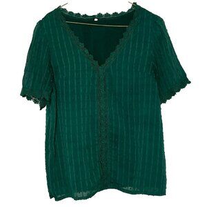Farysays Top sz L V Neck Sheer Lined Crochet Trim Forest Fairy Dark Green